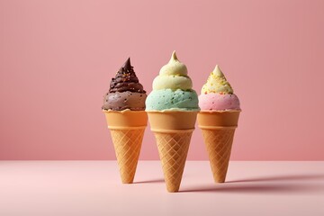 three ice cream cones with different flavors of ice cream in them