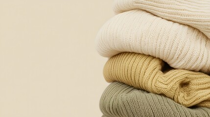 Cozy stacked sweaters in neutral tones against a soft beige background, ideal for fashion promotions