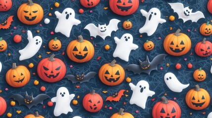 Halloween Seamless Pattern  Pumpkins  Bats  Ghosts  Spooky Fun