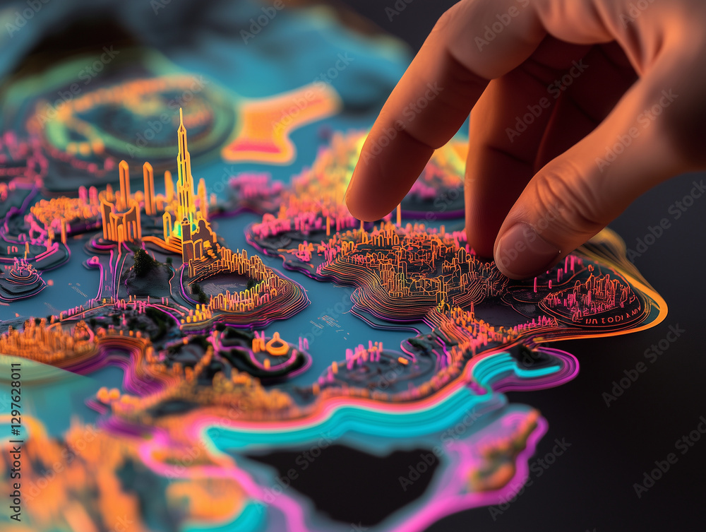 Poster illuminated map design with vibrant colors and sharp focus, showcasing intricate details and hand in