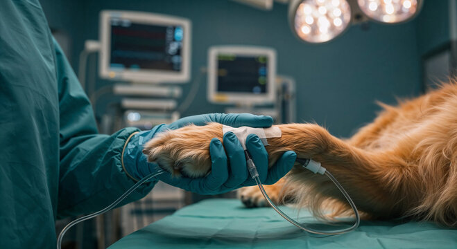 Close-up of veterinarian comforting unconscious labrador dog with anesthesia by holding its paw during surgery. Animal care, compassion and kindness. Veterinary medicine in a modern operating room