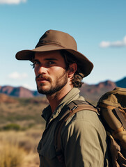 man wearing brown hat and backpack stands scenic outdoor landscape, showcasing rugged and adventurous spirit. background features mountains and clear blue skies, evoking sense of exploration and