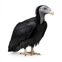 Obraz premium Black vulture with gray head and neck, standing on white background. Detailed view of its feathers and beak. Wildlife photography