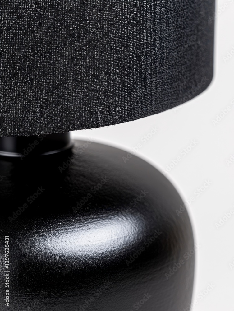 Aufkleber close up of a black table lamp with a textured shade and a round base. the lamp is made of a matte b