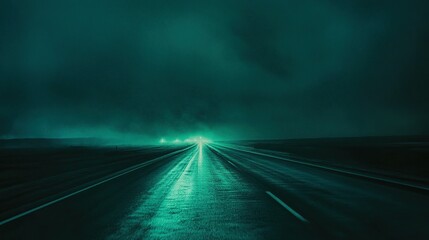A long empty road stretches into a teal colored ominous evening