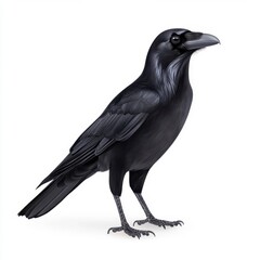 Fototapeta premium Black raven, detailed profile view, isolated on white background. Sharp, high resolution image of a bird with glossy black feathers and strong beak