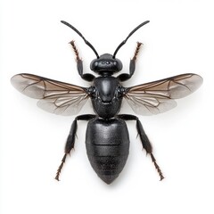 Close up view of a black insect with translucent wings against a white background. The insect's details are sharply focused, showcasing its body