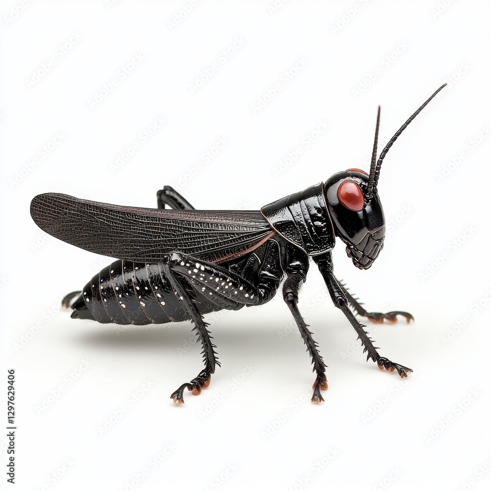 Poster close up view of a black grasshopper with red eyes on a white background. the insect is in sharp foc