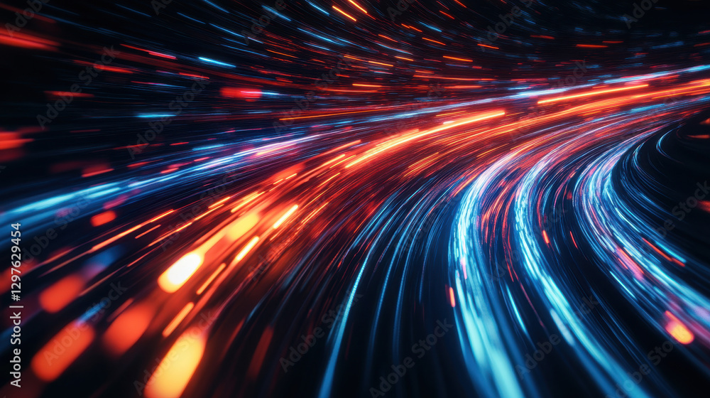 Poster abstract background with colorful light trails moving quickly on a dark road