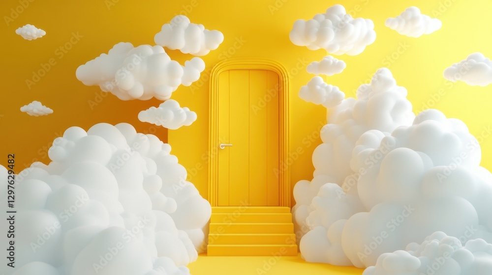 Poster dreamy yellow doorway with fluffy white clouds against a vibrant backdrop creating a whimsical and s