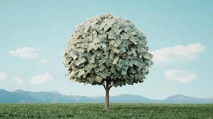 Creative Concept of Money Tree Growing with Cash Leaves Against a Clear Blue Sky and Green Landscape