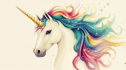 Naklejka premium A majestic white unicorn's head emerges from a radiant rainbow mane, woven in vibrant hues—red, orange, yellow, green, blue, pink, and purple. The magical colors dance around its ethereal face, captur