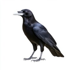 Black crow with a small white object in its beak, standing on a white background. The bird is facing to the right, and its plumage is glossy black. 