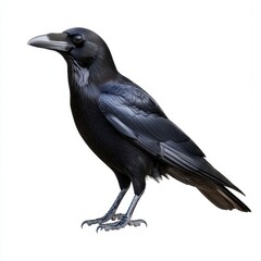 Obraz premium Profile view of a black crow against a white background. The bird is detailed, showing its feathers and sharp beak