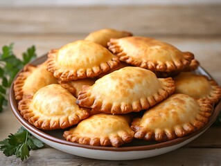 Fried pastries on plate, wooden table background