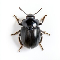 Black beetle insect specimen on a white background, viewed from above. Detailed macro photograph showcasing its shiny carapace and segmented body