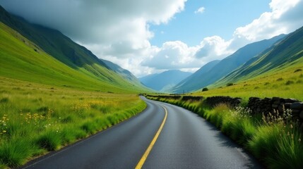 Asphalt ribbon unwinding through verdant valley, mountains rising majestically in the distance, under a bright summer sky.