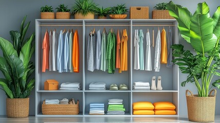 Modern Closet Filled with Colorful Clothes and Plants