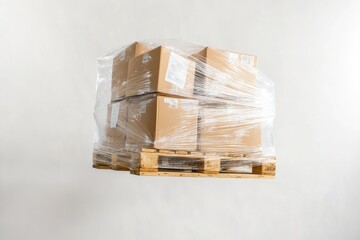 Cardboard boxes wrapped in clear plastic on a wooden pallet