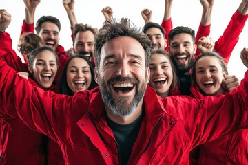 Group of happy people celebrating together in red jackets, showing excitement and joy in a bright setting