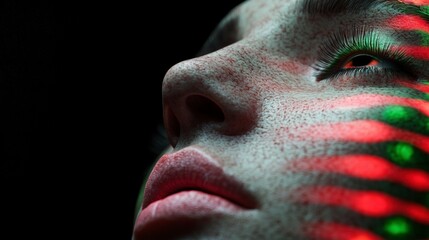 Obraz premium AI Art Close up Female Face Red Green Light Patterns Abstract Portrait