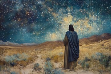 jesus gazes at a starry desert robes ripple in a cool breeze a solemn realist painting with sandy golds and deep indigos of sacred stillness