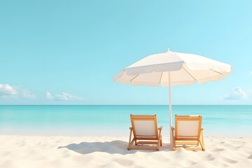 Fototapeta premium Serene beach scene with two empty chairs under sunny blue sky and umbrella