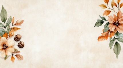 Autumnal floral arrangement with beige and brown flowers and leaves on a textured background. Perfect for fall themed designs and invitations