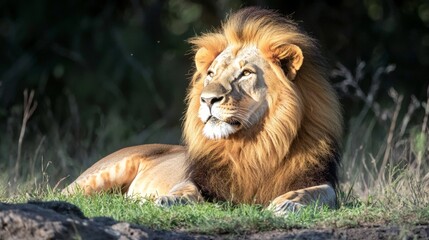 Fototapeta premium Majestic Male Lion Resting in Grassland African Wildlife