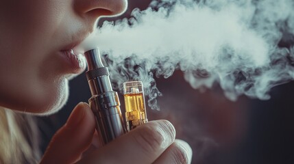A person exhales vapor from an electronic smoking device