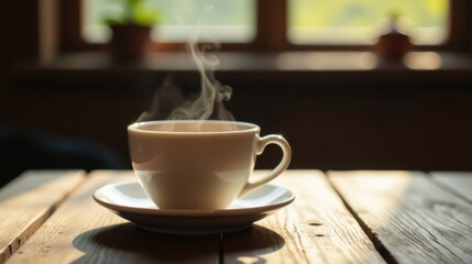 Obraz premium Warm Morning Beverage on Rustic Wooden Tabletop with Sunlight Streaming Through Window