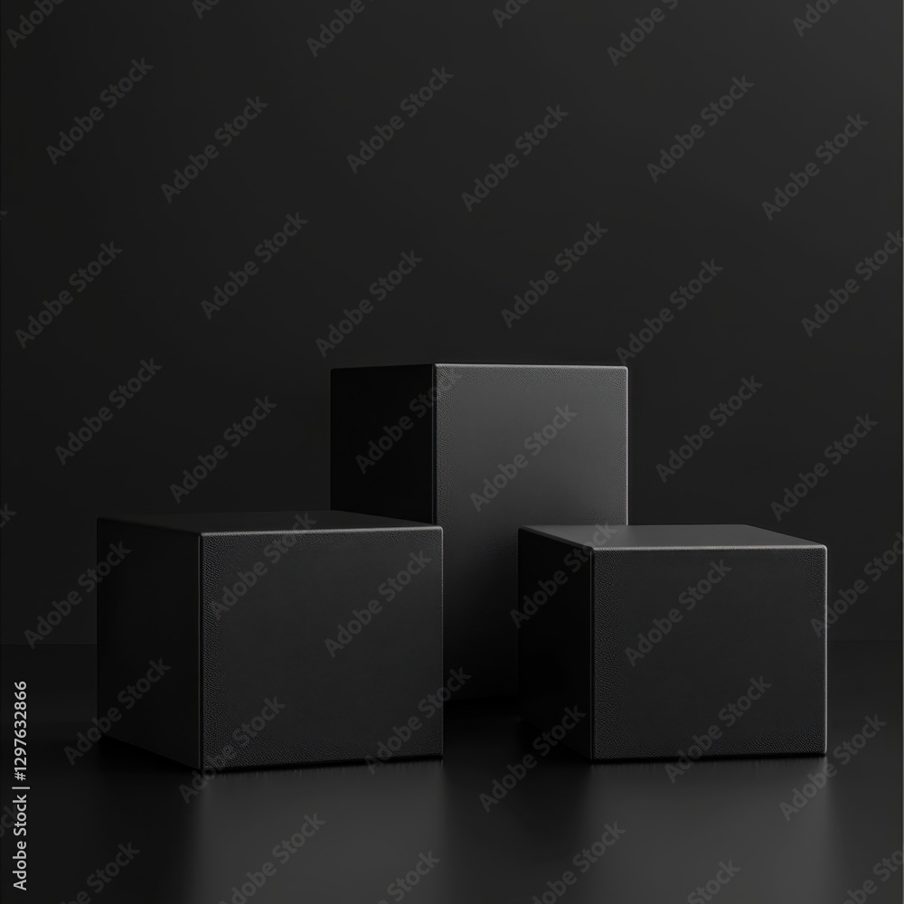 Poster elegant black cube display stands on dark background for product showcase and minimalist presentatio