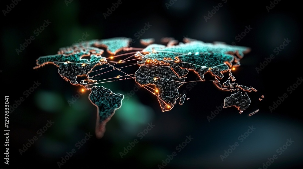 Poster global network interconnected world map dynamic arrows trade routes communication tec