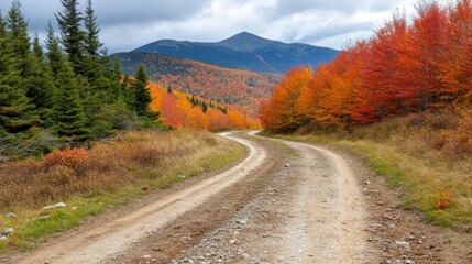 A gravel road winds through a landscape of autumnal colors. Red, orange, and yellow trees line the path, leading towards distant mountains under a