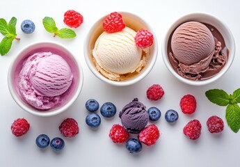 Colorful Scoops of Ice Cream with Fresh Berries and Mint Leaves on a White Background Perfect for Summery Dessert Inspiration