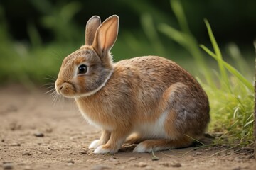 Fototapeta premium there is a small rabbit sitting on the ground in the dirt