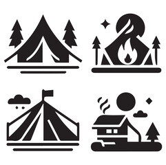 Camping and Tent Icons  Silhouette Vector on a White Background