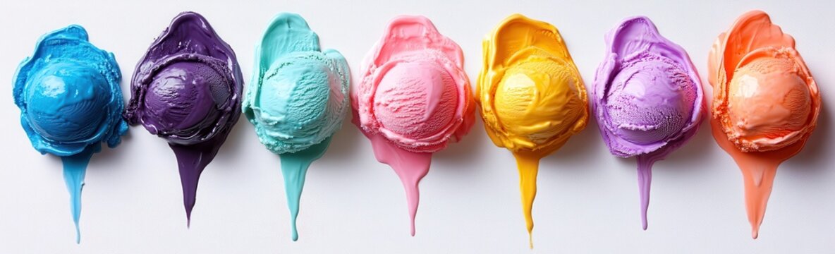 Colorful scoops of melting ice cream on a white background, showcasing vibrant hues of purple, blue, green, orange, and pink in a creative arrangement