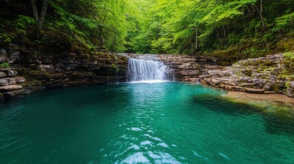 Obraz premium Serene Waterfall in Lush Green Forest Surrounded by Natural Beauty and Calm Waters for Relaxation