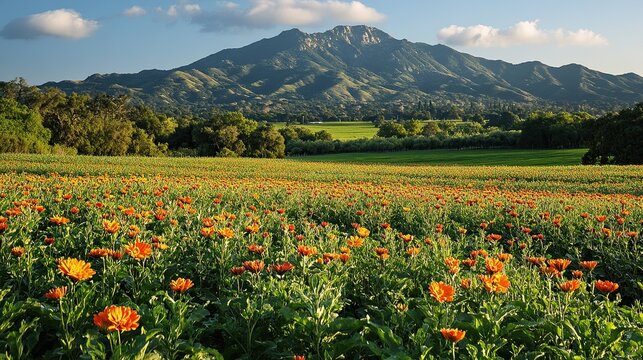 Lush green field with vibrant flowers and a mountain backdrop during golden hour, capturing nature??A?A?s beauty and serene outdoor landscape in late afternoon light.
