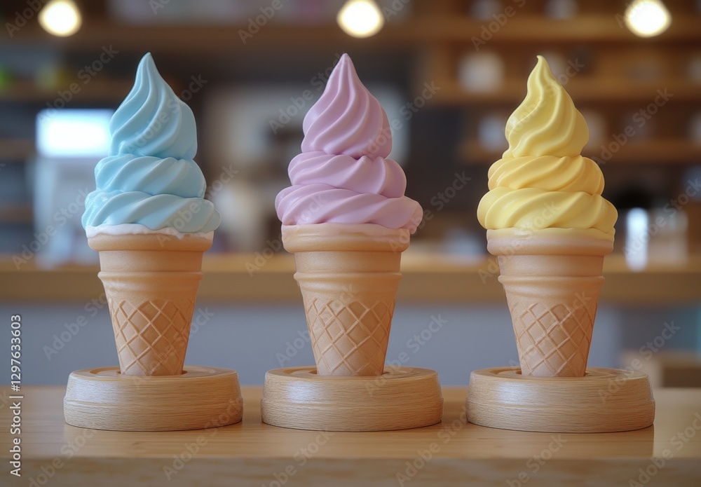 Poster colorful soft serve ice cream cones in a cozy cafe setting with bright background and perfectly swir