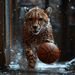 A dynamic scene of a cheetah sprinting through water while skillfully dribbling a basketball, capturing the essence of agility and playfulness in wildlife.