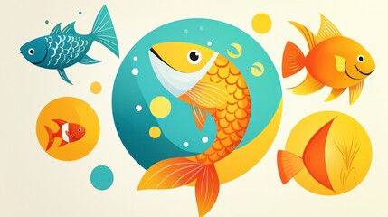 Fototapeta premium Joyful Fish Illustration Whimsical Underwater Scene Kids Decor Textile Design