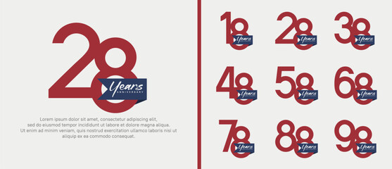 Naklejka premium anniversary logotype set. vector design red color with blue ribbon can be use for celebration event