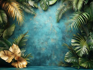 Naklejka premium Lush Tropical Leaves Frame Teal Textured Background. AI Generated