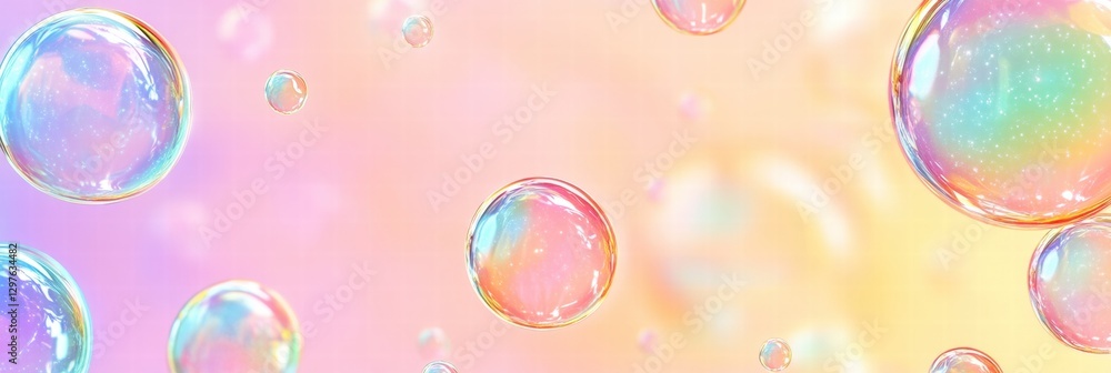 Poster Colorful soap bubbles create an enchanting pattern against a soft pastel background in a cheerful display of light and color. Generative AI