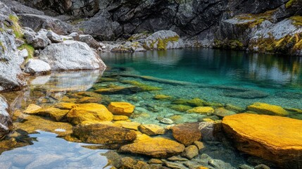 Tranquil Mountain Lake Surrounded by Rocks and Lush Scenery