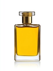 Amber perfume in a clear glass bottle with a gold cap, isolated on a white background. The liquid is a rich, golden yellow color.  The bottle is