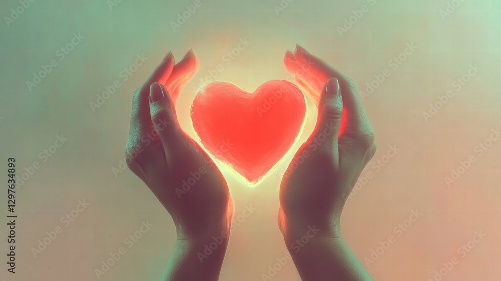 Leinwandbilder hands gently cradling a glowing heart symbolizing love and compassion in a soft and ethereal atmosph