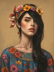 Fototapeta premium Una chica exótica de cabello negro, vestida con un precioso diseño floral y una bandana colorida.